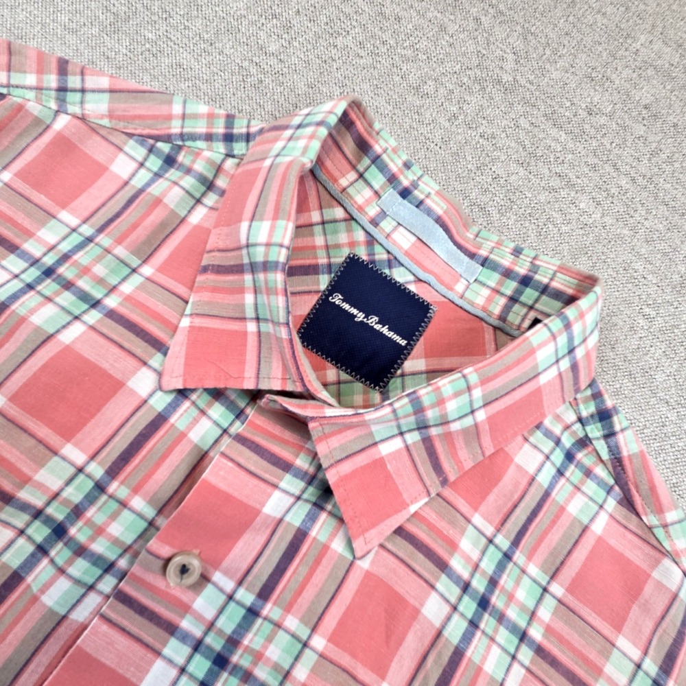 Tommy Bahama Plaid Linen Blend Shirt Men's Large Long Sleeve Pink Preppy